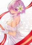  1girl blush breasts choker cleavage dress fate/grand_order fate_(series) flower full-face_blush gloves hair_flower hair_ornament hair_over_one_eye highres large_breasts light_smile looking_at_viewer looking_to_the_side mash_kyrielight off-shoulder_dress off_shoulder purple_eyes purple_hair short_hair solar_(happymonk) solo white_choker white_dress white_gloves 