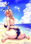  1girl animal_ears ass ass_focus back_cutout bangs beach blonde_hair breasts clothing_cutout dripping feet from_behind highres kaede_acer kneeling large_breasts looking_back original outdoors playboy_bunny rabbit_ears rabbit_tail red_eyes sideboob soles solo swimsuit tail thighs turning_head wet wet_clothes wet_swimsuit 