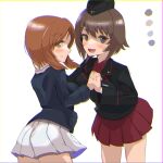  2girls black_jacket black_serafuku blaze_(artist) blue_jacket blush breasts brown_eyes brown_hair collared_shirt cowboy_shot garrison_cap girls_und_panzer hat holding_hands jacket kuromorimine_military_uniform looking_at_viewer medium_breasts medium_hair multiple_girls nishizumi_maho nishizumi_miho ooarai_military_uniform pleated_skirt red_shirt sailor_collar school_uniform serafuku shirt short_hair siblings sisters skirt smile white_background white_sailor_collar white_skirt 