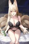  1girl :d absurdres animal_ear_fluff animal_ears babydoll bare_arms bare_shoulders beer_can black_babydoll black_bra black_panties blonde_hair blush bra breasts can cleavage drink fox_ears fox_girl fox_tail hair_between_eyes highres holding holding_drink korean_commentary lace-trimmed_bra lace_trim large_breasts lillly long_hair looking_at_viewer multiple_tails navel open_mouth original outstretched_hand panties red_eyes see-through sitting smile solo stomach string_panties tail teeth thighs underwear upper_teeth very_long_hair 