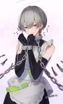  1boy alternate_costume angel_wings apron arene_(arknights) arknights bangs black_gloves blush chain chain_leash closed_mouth clothing_cutout elbow_gloves enmaided enpu_(emplehuoy) gloves green_eyes grey_hair hair_between_eyes halo highres leash leash_pull looking_at_viewer maid maid_apron male_focus otoko_no_ko short_hair shoulder_cutout simple_background smile solo wings 