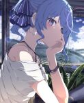  1girl absurdres blue_eyes blue_hair bra_strap casual cloud earrings hair_ribbon highres hololive hoshimachi_suisei jewelry kire_(hayagu) looking_at_viewer looking_to_the_side medium_hair off_shoulder ribbon shirt sky solo star_(symbol) star_earrings upper_body virtual_youtuber 