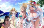  4girls :d :o ;d ^_^ aqua_bikini arm_up azur_lane bangs bare_shoulders beach beach_umbrella bead_bracelet beads bikini bird black_hair blonde_hair blue_eyes blue_sky blunt_bangs blush bracelet braid braided_bun breasts chick choker cleavage closed_eyes cloud collarbone covered_navel criss-cross_halter day diffraction_spikes double_bun eyelashes falling_petals floating_hair flower food food_in_mouth formidable_(azur_lane) formidable_(the_lady_of_the_beach)_(azur_lane) frilled_bikini frills grey_hair hair_between_eyes hair_bun hair_flower hair_ornament halter_top halterneck hand_up hands_up hat hat_flower hat_ribbon hibiscus high_ponytail highres holding holding_food holding_innertube horizon illustrious_(azur_lane) indomitable_(azur_lane) innertube jewelry kandzume_(kandume200) knees_up large_breasts laurel_crown leaning_forward leg_up lens_flare light_rays long_hair looking_at_another manjuu_(azur_lane) mouth_hold multiple_girls navel ocean one-piece_swimsuit one_eye_closed open_mouth outdoors parted_lips petals pink_choker ponytail popsicle purple_eyes red_eyes red_flower ribbon shawl side-tie_bikini side_cutout sidelocks sitting sky smile sparkle standing standing_on_one_leg stomach straw_hat string_bikini sun_hat sunlight swimsuit thighs tri_tails umbrella very_long_hair victorious_(azur_lane) water wet white_bikini white_hair white_ribbon white_swimsuit yellow_flower 