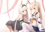  2girls absurdres animal_ears ayanami_(azur_lane) azur_lane belt bent_over black_jacket black_skirt blonde_hair blue_skirt breasts brown_eyes crop_top detached_sleeves hairband hand_on_another&#039;s_thigh headgear highres jacket long_hair looking_at_viewer midriff miniskirt multiple_girls navel no_tail off_shoulder pleated_skirt ponytail rabbit_ears rabbit_girl sailor_collar sayu_(mini_2704) shimakaze_(azur_lane) shirt sideboob sitting skirt thighhighs thighs underboob very_long_hair white_hair white_shirt white_sleeves white_thighhighs 