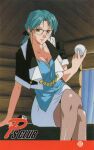  1990s_(style) 1girl 8-ball aqua_eyes aqua_hair ball billiard_ball breasts cleavage crossed_legs earrings feet_out_of_frame holding holding_ball indoors jewelry long_hair looking_at_viewer low_ponytail miniskirt non-web_source official_art on_table over-rim_eyewear pantyhose pencil_skirt pool_table randou_serika retro_artstyle scan semi-rimless_eyewear sitting skirt smile solo super_real_mahjong table tanaka_ryou white_skirt 
