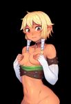  1girl black_background blonde_hair blush breasts brown_hair collarbone commentary covering covering_breasts elf english_commentary gloves hair_ornament hands_up highres looking_at_viewer medium_hair navel nil_sunna nose_blush nude open_mouth original out-of-frame_censoring pointy_ears simple_background small_breasts solo stomach sunna_(nilsunna) tareme white_gloves 