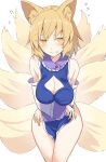  1girl adapted_costume animal_ears bare_shoulders blonde_hair blush breasts cleavage cleavage_cutout clothing_cutout cowboy_shot detached_sleeves e.o. flying_sweatdrops fox_ears fox_tail highres large_breasts multiple_tails naked_tabard short_hair simple_background solo tabard tail touhou white_background white_sleeves yakumo_ran yellow_eyes 