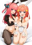  2girls :d absurdres animal_ears areola_slip between_breasts blue_eyes blush breasts cameltoe cleavage covered_navel cross_pasties detached_collar ett fake_animal_ears finger_in_another&#039;s_mouth go-toubun_no_hanayome hand_on_another&#039;s_cheek hand_on_another&#039;s_face highres incest kneeling leotard long_hair long_sleeves looking_at_viewer meme_attire multiple_girls nakano_itsuki nakano_nino navel necktie no_shoes open_mouth orange_hair panties pasties playboy_bunny puffy_long_sleeves puffy_sleeves pussy pussy_peek rabbit_ears red_hair reverse_bunnysuit reverse_outfit siblings sisters smile stomach strapless strapless_leotard string_panties tongue tongue_out two_side_up underwear white_background wrist_cuffs yuri 