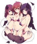  3girls ahoge bikini black_thighhighs blush breasts brown_hair commentary_request demon_girl demon_horns demon_tail demon_wings drill_hair highres horns hug huge_breasts large_breasts long_hair looking_at_viewer low_ponytail machikado_mazoku mel_(melty_pot) mother_and_daughter multiple_girls navel purple_bikini purple_eyes purple_hair red_eyes red_hair siblings side-tie_bikini sisters small_breasts swimsuit tail thighhighs tongue tongue_out wings yoshida_ryouko yoshida_seiko yoshida_yuuko_(machikado_mazoku) 