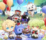  &gt;_&lt; 1boy 2girls 3others :d absurdres ai-chan_(honkai_impact) balloon bangs bare_shoulders black_eyes black_footwear black_gloves black_scarf black_shorts black_socks blonde_hair blue_eyes blue_sky boots cake character_request chibi cloud cloudy_sky company_connection confetti crossover cup cupcake davis_(tears_of_themis) double_bun dress elbow_gloves emmikn food fruit full_body genshin_impact gloves grass green_hair hair_bun hair_ornament halo highres holding holding_cup honkai:_star_rail honkai_(series) honkai_impact_3rd long_sleeves looking_at_viewer mihoyo multiple_girls multiple_others one_eye_closed open_mouth orange_eyes outdoors paimon_(genshin_impact) pizza plate pom_pom rabbit scarf shirt short_hair shorts sky sleeveless sleeveless_dress smile socks strawberry tears_of_themis thigh_boots tree waving white_dress white_footwear white_hair white_shirt zenless_zone_zero 