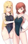  2girls absurdres arm_under_breasts bangs blonde_hair breasts brown_eyes brown_hair closed_mouth collarbone competition_swimsuit covered_navel dangle_earrings earrings elbow_gloves gloves hair_between_eyes hand_on_hip highleg highleg_swimsuit highres jewelry large_breasts lightning_bolt_earrings long_hair looking_at_viewer misaka_mikoto multiple_girls one-piece_swimsuit shi_huaan_ling_feeng shokuhou_misaki short_hair single_earring small_breasts smile star-shaped_pupils star_(symbol) swimsuit symbol-shaped_pupils thighhighs toaru_kagaku_no_railgun toaru_majutsu_no_index white_background white_gloves white_thighhighs yellow_eyes 