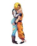  1boy 1girl android_18 ass ass_grab ass_support bald between_breasts black_footwear blonde_hair boots breasts brown_footwear couple cowboy_boots denim dirty dirty_clothes dougi dragon_ball dragon_ball_z english_commentary flats french_commentary head_between_breasts height_difference highres jeans kuririn medium_breasts mixed-language_commentary no_bra pants parted_hair prince_rours tiptoes torn_clothes torn_jeans torn_pants torn_sleeves 