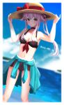  1girl adapted_costume bikini black_bikini black_skirt blue_jacket blue_sky clothes_around_waist cloud commentary_request day feet_out_of_frame flower hair_flower hair_ornament harusame_(kancolle) highres horizon jacket jacket_around_waist kantai_collection long_hair ocean outdoors pink_hair pleated_skirt red_eyes side_ponytail skirt sky solo swimsuit toketa-sekai 