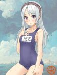  1girl alternate_costume artist_logo asymmetrical_bangs bangs blue_sky blue_swimsuit blush city cloud cloudy_sky collarbone covered_navel cowboy_shot grey_hair hairband hand_on_own_chest kantai_collection long_hair mushi_mushi_ex name_tag old_school_swimsuit one-piece_swimsuit purple_eyes sagiri_(kancolle) school_swimsuit sky swimsuit water wet 