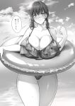  1girl bangs bare_arms blush breasts cleavage closed_mouth cloud collarbone commentary_request curvy day frilled_swimsuit frills highres huge_breasts innertube long_hair looking_at_viewer monochrome ocean original outdoors sky standing swimsuit thighs thought_bubble twintails yomogi_mametaro 