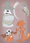  4_fingers adventure_time anthro black_nose bone brown_background brown_body brown_fur canid canine cartoon_network clothing dipstick_tail facial_tuft fingers fox frown fur gradient_background grey_clothing hat headgear headwear hi_res holding_object holding_scythe kanto05 lapel_pin looking_down male mammal markings melee_weapon mr._fox_(adventure_time) narrowed_eyes orange_body orange_fur pillow pillow_hug polearm robe scythe simple_background skeleton skull solo tail_markings tired weapon 