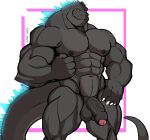  2022 abs absurd_res anthro balls black_body darknaigart digital_media_(artwork) foreskin genitals glowing glowing_spikes godzilla godzilla_(series) hi_res kaiju male muscular muscular_anthro muscular_male nipples nude penis simple_background smile solo spikes spikes_(anatomy) toho 