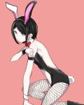  1girl alternate_costume animal_ears armband backless_leotard bangs bare_shoulders black_leotard bow bowtie brown_hair closed_mouth danganronpa:_trigger_happy_havoc danganronpa_(series) detached_collar expressionless fake_animal_ears fake_tail fishnet_pantyhose fishnets from_side hand_up highres ikusaba_mukuro leotard pantyhose pink_background playboy_bunny rabbit_ears rabbit_tail red_bow red_bowtie shoes short_hair simple_background solo tail zui_nianshao 