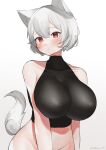  1girl absurdres artist_name bangs bare_shoulders black_shirt blush breasts closed_mouth highres inubashiri_momiji large_breasts long_hair red_eyes red_hair shirt short_hair sleeveless sleeveless_shirt solo tail take_(take143000) touhou white_background white_hair wolf_girl wolf_tail 