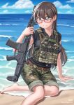  1girl absurdres bangs beach belt black_shirt blue_sky brown_hair camouflage camouflage_jacket camouflage_pants closed_mouth cloud cloudy_sky glasses green_eyes gun highres holding holding_gun holding_weapon howa_type_20 jacket japan_ground_self-defense_force japan_self-defense_force long_hair looking_at_viewer magazine_(weapon) military original outdoors pants shirt short_sleeves sky smile solo toes waruzamurai water waves weapon 