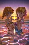  2girls arm_around_waist costume heart heart_hands heart_hands_duo highres kousaka_honoka looking_at_viewer love_live! love_live!_school_idol_festival_all_stars love_live!_school_idol_project love_live!_sunshine!! multiple_girls orange_hair partially_submerged sky star_(sky) starry_sky sunset takami_chika trait_connection visor_cap wading yanase_eiwa 