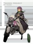  1girl artist_name bandaid bandaid_on_face chenwei_jun copyright_name dress gas_can gradient_hair grey_background ground_vehicle helmet highres hijiri_byakuren looking_at_viewer motor_vehicle motorcycle motorcycle_helmet multicolored_hair purple_hair smile solo touhou 