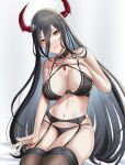  1girl absurdres alternate_costume azur_lane bangs bare_shoulders black_bra black_choker black_hair black_panties black_thighhighs bra breasts buko_(bukosuki) choker collarbone feet_out_of_frame friedrich_der_grosse_(azur_lane) garter_belt garter_straps hand_on_own_chest highres horns large_breasts lingerie long_hair looking_at_viewer nail_polish navel open_mouth panties parted_lips pink_nails sitting smile solo teeth_hold thighhighs thighs underwear white_background yellow_eyes 