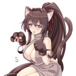  1girl alternate_costume animal_ears animal_hands backless_dress backless_outfit breasts brown_eyes brown_hair cat_ears dress gloves hair_intakes kantai_collection large_breasts long_hair meme_attire naked_sweater paw_gloves ponytail ribbed_sweater sidelocks solo sweater sweater_dress tk8d32 turtleneck turtleneck_sweater very_long_hair virgin_killer_sweater yamato_(kancolle) 