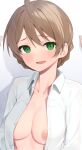  1girl binsen breasts brown_hair collared_shirt green_eyes highres idolmaster idolmaster_million_live! looking_at_viewer nipples open_clothes open_mouth open_shirt pov pov_hands sakuramori_kaori shirt short_hair smile solo_focus upper_body white_shirt 