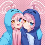  2girls :3 absurdres ahoge arm_around_shoulder bangs blue_archive blue_eyes blue_hoodie fang hair_between_eyes halo heterochromia highres hood hoodie hoshino_(blue_archive) long_hair looking_at_viewer looking_away low_twintails multiple_girls open_mouth pink_hair polka_dot polka_dot_background sjuno twintails yellow_eyes younger 