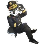  anthro archermagnum blue_eyes blue_hair canid canine canis clothing discordnight_(artist) gloves hair handwear hi_res male mammal necktie police_officer police_uniform solo thunderrangers uniform wolf yellow_eyes 