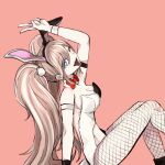  1girl :d animal_ears arm_support arm_up bangs bear_hair_ornament black_leotard blue_eyes breasts cleavage commentary_request danganronpa:_trigger_happy_havoc danganronpa_(series) enoshima_junko fake_animal_ears fake_tail fishnet_pantyhose fishnets from_side hair_between_eyes hair_ornament highres large_breasts leotard long_hair looking_at_viewer official_alternate_costume one_eye_closed open_mouth pantyhose pink_background playboy_bunny simple_background sitting smile solo tail tongue tongue_out twintails white_leotard zui_nianshao 