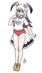  1girl acesrulez alternate_costume black-tailed_gull_(kemono_friends) black_hair blonde_hair blush buruma commentary_request finger_to_mouth grey_hair gym_uniform hair_between_eyes kemono_friends loafers long_hair looking_at_viewer multicolored_hair name_tag red_buruma red_hair shirt shoes short_sleeves solo t-shirt translation_request white_hair white_shirt yellow_eyes yellow_footwear 