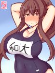  1girl alternate_costume arms_behind_head artist_logo blue_background blue_swimsuit blush breasts brown_eyes brown_hair cleavage collarbone covered_navel cowboy_shot dated gradient gradient_background kanon_(kurogane_knights) kantai_collection large_breasts long_hair name_tag old_school_swimsuit one-hour_drawing_challenge one-piece_swimsuit ponytail school_swimsuit solo sweater swimsuit yamato_(kancolle) 