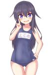  1girl akatsuki_(kancolle) alternate_costume ass_visible_through_thighs blue_swimsuit blush collarbone covered_navel cowboy_shot hair_between_eyes hand_on_hip highres kantai_collection long_hair looking_at_viewer messy_hair name_tag old_school_swimsuit one-piece_swimsuit open_mouth pepatiku purple_eyes purple_hair school_swimsuit simple_background smile swimsuit white_background 