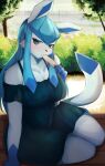  absurd_res anthro blue_body blue_fur blush breasts cleavage clothed clothing dress eeveelution female food fur glaceon hi_res kyuukon looking_at_viewer nintendo pok&eacute;mon pok&eacute;mon_(species) popsicle solo video_games 