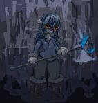 anthro axe big_hands blue_hair boots clothing commonbleat creepy female fog footwear forest forest_background fur glistening glistening_eyes grey_body grey_fur hair hi_res long_hair melee_weapon nature nature_background orange_eyes plant solo_focus thick_thighs tree unknown_species weapon wide_hips 