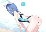  1girl ? animal_ear_fluff animal_ears ass bare_arms bent_over black_swimsuit blue_archive blue_eyes breasts chicke_iii ears_through_headwear from_side grey_hair halo highres looking_at_viewer looking_to_the_side mask medium_breasts one-piece_swimsuit parted_lips shiroko_(blue_archive) shiroko_(swimsuit)_(blue_archive) simple_background solo spoken_question_mark swimsuit white_background 