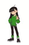  1girl bangs black_eyes black_footwear black_hair black_shorts blush codename:_kids_next_door english_commentary female_child green_socks green_sweater hair_behind_ear highres kuki_sanban leggings looking_at_viewer opossumachine shoes shorts sleeves_past_fingers sleeves_past_wrists smile sneakers socks solo sweater w 