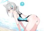  1girl ? animal_ear_fluff animal_ears ass bangs bare_arms bent_over black_swimsuit blue_archive blue_eyes blush breasts chicke_iii extra_ears from_side grey_hair hair_between_eyes halo highres long_hair looking_at_viewer looking_to_the_side medium_breasts one-piece_swimsuit parted_lips shiroko_(blue_archive) shiroko_(swimsuit)_(blue_archive) simple_background solo spoken_question_mark swimsuit white_background 