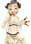  1girl :d aiv arknights bandages bare_arms bare_shoulders blonde_hair chest_sarashi chinese_commentary commentary_request cowboy_shot food hands_up highres holding holding_food horns ifrit_(arknights) ifrit_(sunburn)_(arknights) kebab looking_at_viewer navel open_mouth orange_eyes oripathy_lesion_(arknights) sarashi sarong short_hair simple_background smile solo sparkle stomach white_background 