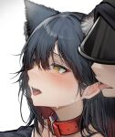  1boy 1girl animal_ear_fluff animal_ears arknights bangs black_hair blush buckle collar drooling ear_lift extra_ears gradient_hair hair_between_eyes heart heart-shaped_pupils hetero highres licking licking_ear long_hair multicolored_hair open_mouth red_hair saliva solo_focus sweat symbol-shaped_pupils tab_head texas_(arknights) tongue tongue_out upper_body wolf_ears yellow_eyes 