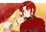  1boy 1girl adricarra armor azelle_(fire_emblem) bangs blonde_hair blush brown_eyes cape commentary earrings english_commentary fire_emblem fire_emblem:_genealogy_of_the_holy_war grin jacket jewelry lachesis_(fire_emblem) long_hair looking_at_another pauldrons pink_shirt red_background red_cape red_eyes red_hair red_jacket scarf shirt short_hair shoulder_armor sidelocks smile two-tone_background upper_body yellow_background yellow_scarf 