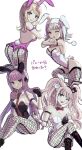  4girls :o akamatsu_kaede animal_ears animal_hood backless_leotard bangs bare_shoulders bear_hair_ornament black_gloves black_leotard black_ribbon blonde_hair blush boots bow bowtie braid breasts brown_hair cleavage crossed_legs danganronpa:_trigger_happy_havoc danganronpa_(series) danganronpa_2:_goodbye_despair danganronpa_v3:_killing_harmony detached_collar enoshima_junko etanoku fake_animal_ears fake_tail feet_out_of_frame fishnet_pantyhose fishnet_thighhighs fishnets flipped_hair gloves grey_background hair_ornament hair_ribbon hand_up highres hood kirigiri_kyouko knee_boots kneeling large_breasts leotard long_hair looking_back multiple_girls musical_note musical_note_hair_ornament nail_polish nanami_chiaki necktie official_alternate_costume one_eye_closed pantyhose pink_eyes pink_hair pink_leotard playboy_bunny rabbit_ears rabbit_hood rabbit_tail red_bow red_bowtie red_nails red_necktie ribbon side_braid simple_background single_braid sitting sketch strapless strapless_leotard tail teeth thighhighs translation_request twintails two-tone_leotard upper_teeth white_leotard 