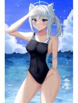  1girl absurdres animal_ear_fluff animal_ears bangs black_swimsuit blue_archive blue_eyes blue_sky breasts cloud competition_swimsuit contrapposto covered_navel cross_hair_ornament day extra_ears grey_hair groin hair_ornament halo highres kuon_(kuon) low_ponytail medium_breasts medium_hair mismatched_pupils multicolored_clothes multicolored_swimsuit ocean one-piece_swimsuit outdoors shiroko_(blue_archive) shiroko_(swimsuit)_(blue_archive) sky solo swimsuit water 