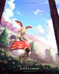  bright_pupils character_name cloud commentary copyright_name day flower from_below highres kelvin-trainerk magearna magearna_(original) no_humans outdoors petals pokemon pokemon_(creature) red_eyes sky solo standing tree twitter_username wall white_pupils 