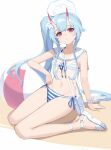  1girl :o absurdres arm_support babydoll ball bandaged_wrist bandages bangs bare_arms bare_legs beachball bikini blue_archive blue_hair breasts chise_(blue_archive) chise_(swimsuit)_(blue_archive) elbow_rest eruthika front-tie_top halo highres horns light_blush long_hair navel oni_horns red_eyes sailor_collar sandals see-through side-tie_bikini side_ponytail sidelocks sitting small_breasts solo stomach string_bikini striped striped_bikini swimsuit thighs wariza white_background white_bikini white_footwear white_sailor_collar 