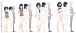  4girls absurdres age_progression bangs bottomless breasts brown_cardigan cardigan censored character_age clothes_lift collared_shirt comparison erection female_pubic_hair flaccid full-package_futanari futanari gomu_(ujmu5458) height height_chart highres huge_penis information_sheet large_breasts large_penis large_testicles mask medium_breasts mouth_mask multiple_girls necktie_overhang nipples original penis pubic_hair school_uniform shirt shirt_lift simple_background testicles veins veiny_penis white_background white_shirt 