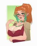  2022 absurd_res big_breasts braided_hair breasts choker cleavage clothed clothing eyewear female glasses green_eyes hair hi_res highlights_(coloring) humanoid humanoid_pointy_ears jewelry looking_at_viewer necklace orange_hair rizdraws simple_background smile smiling_at_viewer solo 