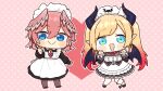  2girls :&gt; apron bangs black_footwear blonde_hair blue_eyes chibi demon_girl demon_horns demon_tail demon_wings gradient_hair hair_between_eyes head_wings heart highres hololive horns knees_together_feet_apart looking_at_viewer maid maid_apron maid_headdress multicolored_hair multiple_girls okunin open_mouth outstretched_hand pantyhose pink_background pink_hair pointing pointy_ears polka_dot polka_dot_background red_hair smile swept_bangs tail tail_around_leg takane_lui virtual_youtuber wings yuzuki_choco 